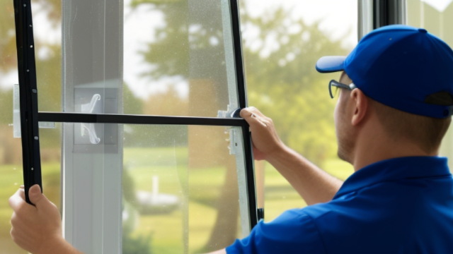 Insektenschutzmontage : Ein Mitarbeiter installiert ein Fliegengitter am Fenster. Raumausstattung Merget | Goethestraße 43 | 63814 Mainaschaff